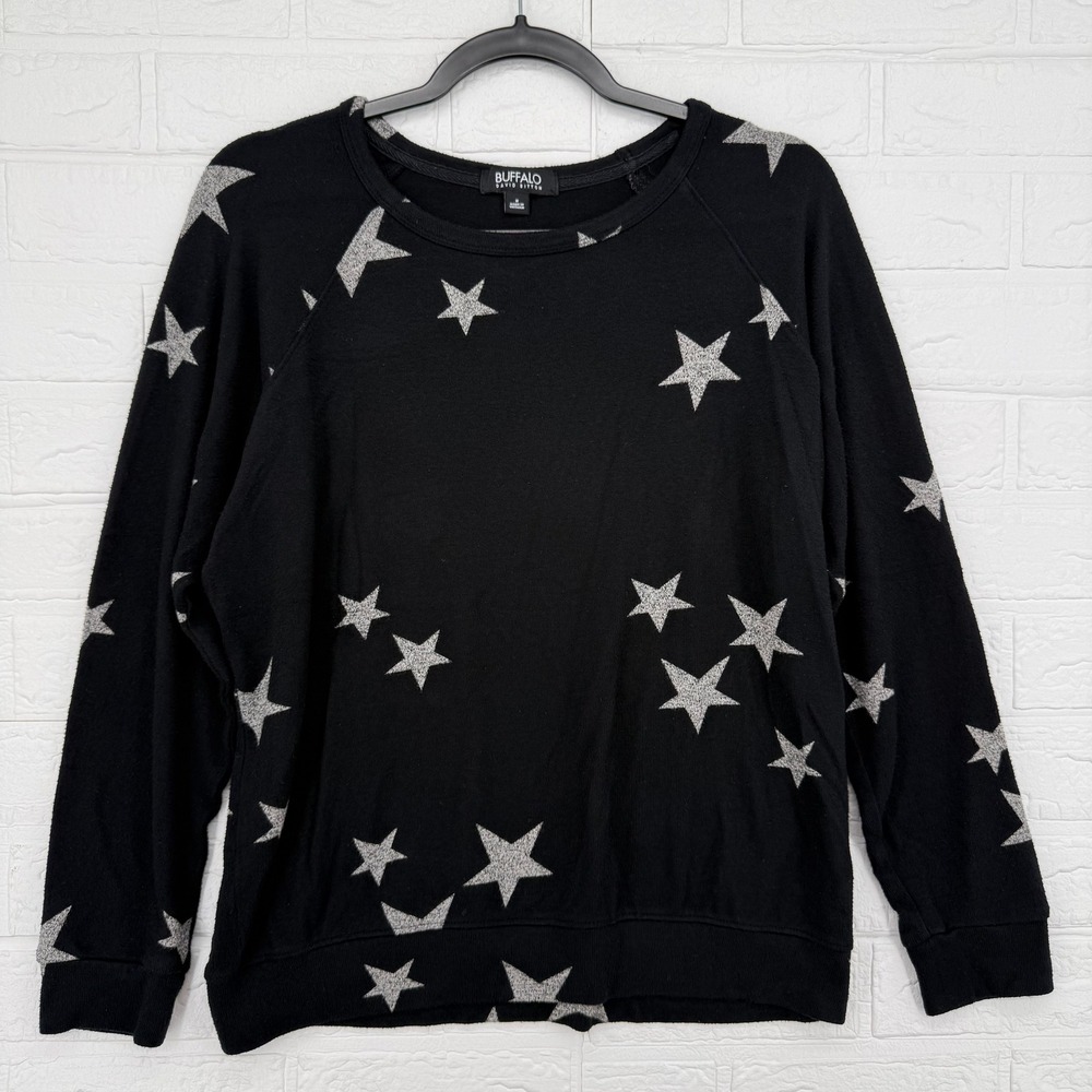 Buffalo David Bitton Sweatshirt Womens Small Black Silver Star Print Pullover